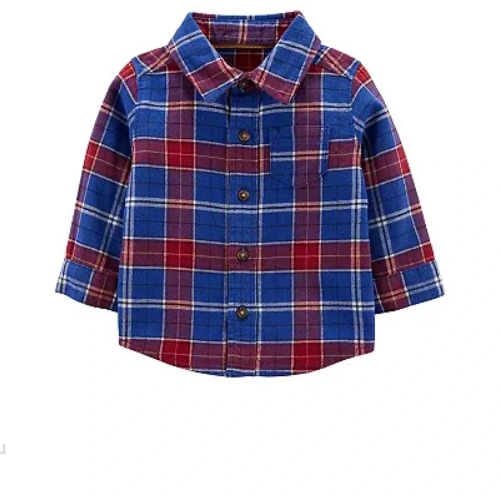 NWT Carter’s Baby Boy 2-Piece Plaid Shirt & Brown Overalls Set 6M